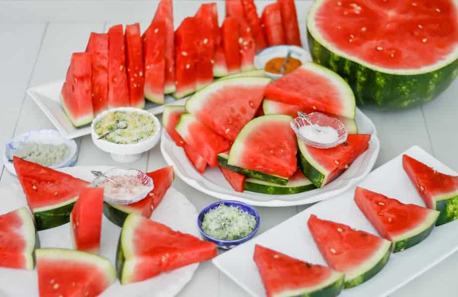 watermelon slices with a bar of salt blends