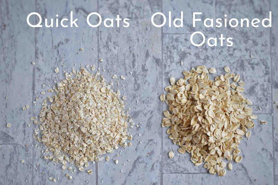 two piles of oats labeled, showing quick and old fashioned oats