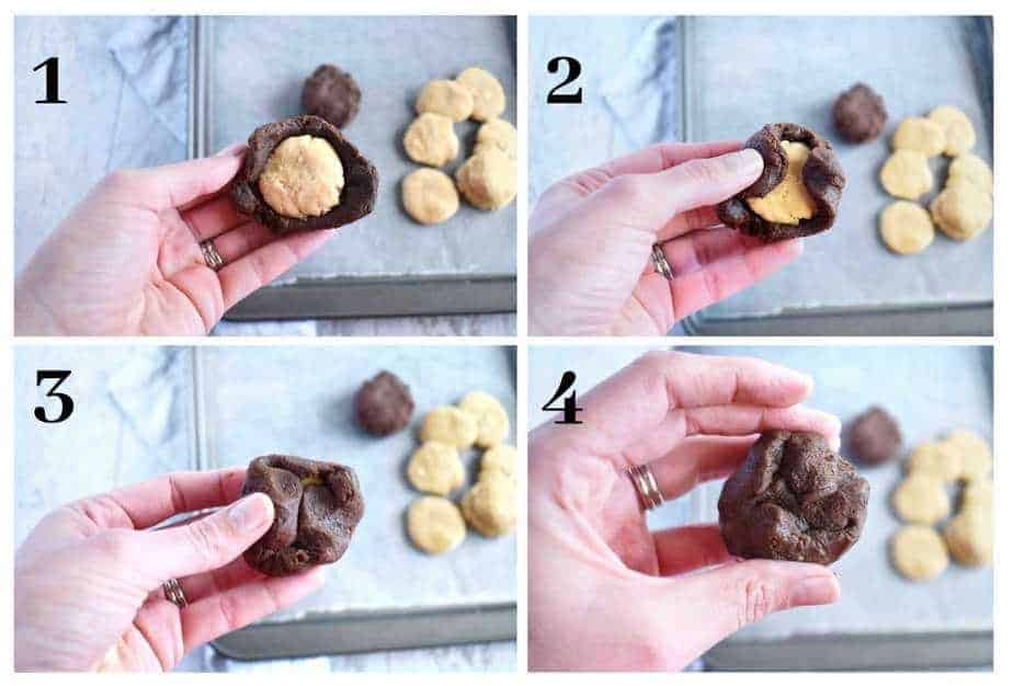 4 images showing how to stuff peanut butter discs into double chocolate cookies