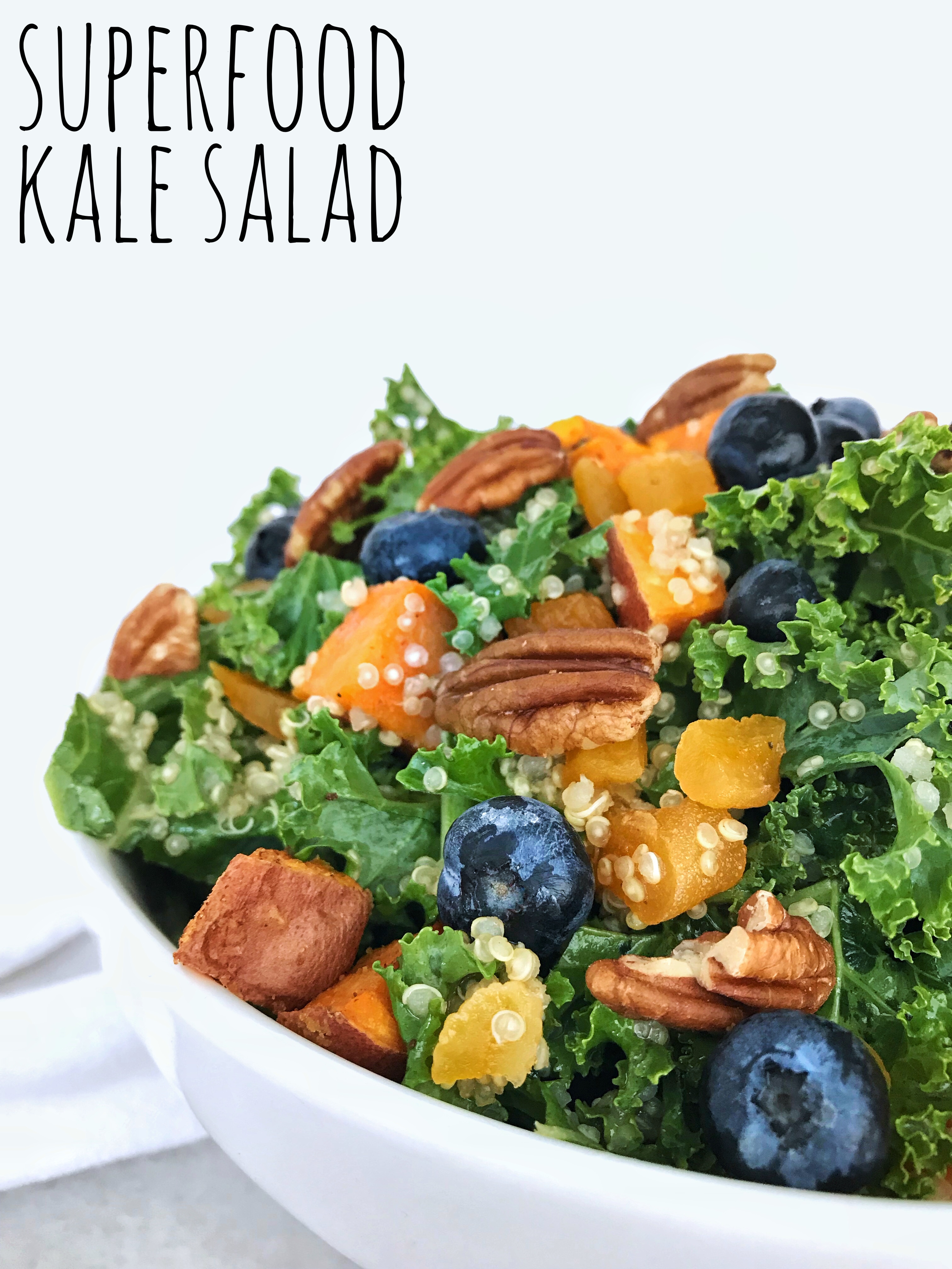 Try our Superfood Kale salad tossed with blueberries, pecans, sweet potatoes, apricots and quinoa