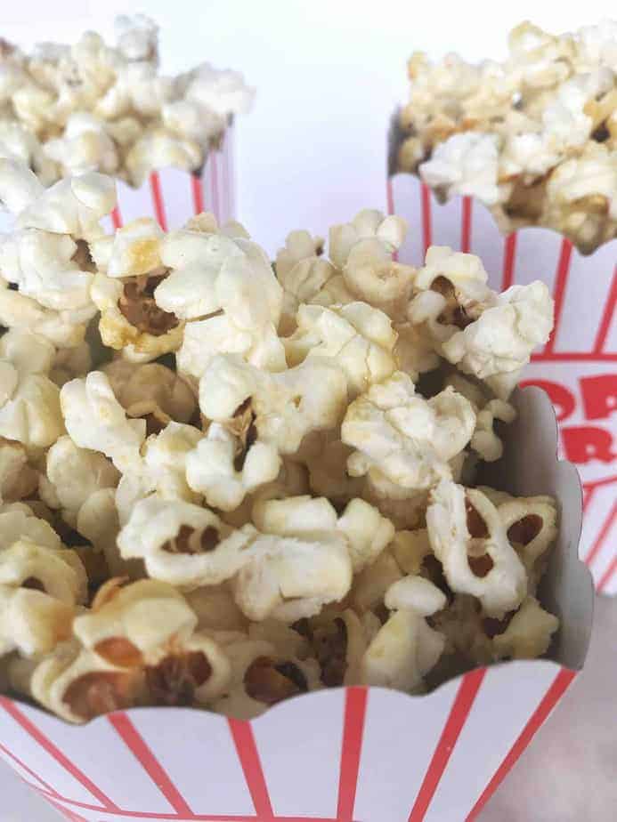 close-up view of kettle corn in popcorn bucket