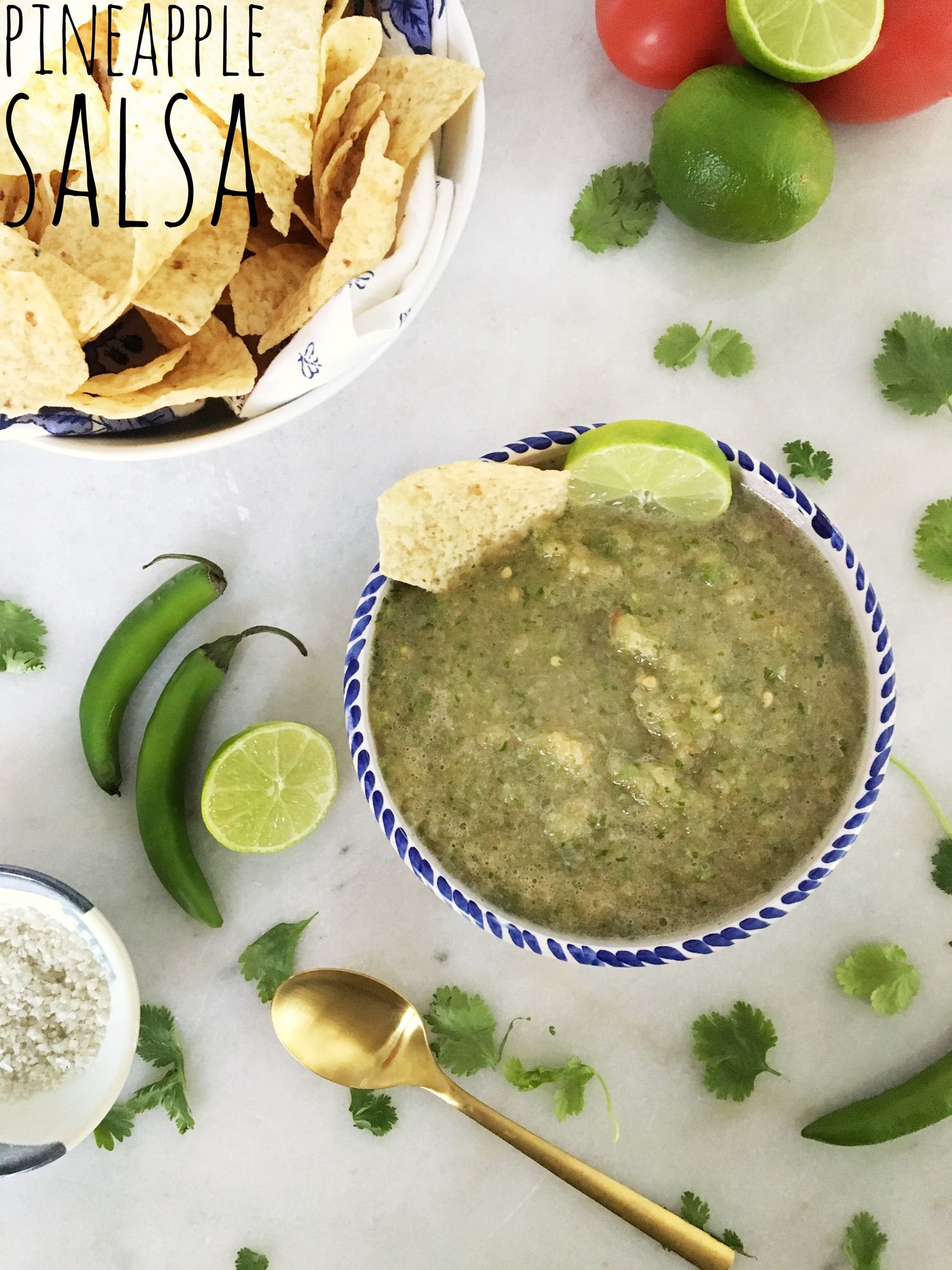 green salsa with pineapple, chilies, onion and lime juice in a Mexican bowl with tortilla chips