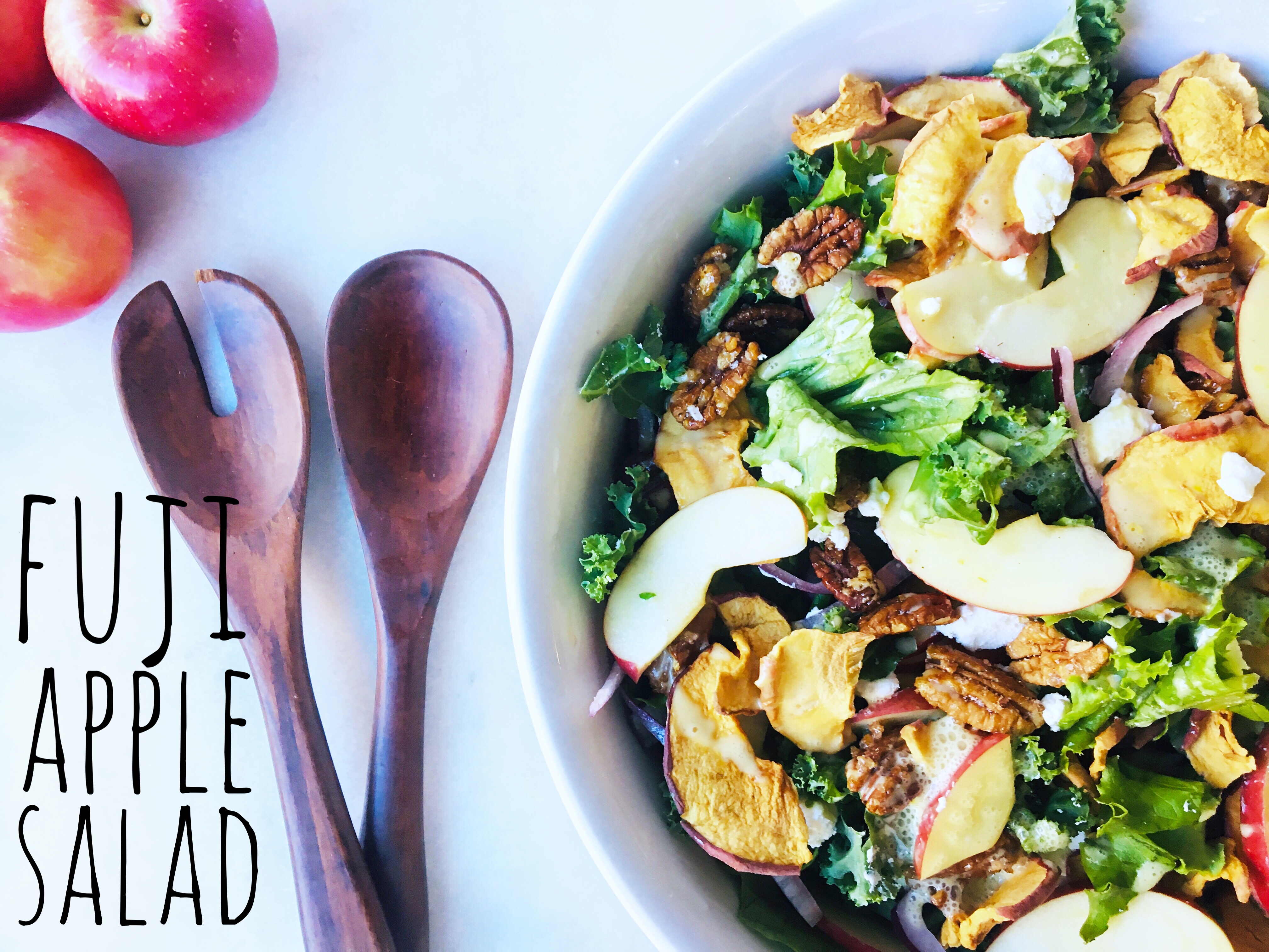 try our green salad tossed with fresh fuji apples, apple chips, toasted pecans, feta cheese and a Fuji Apple dressing
