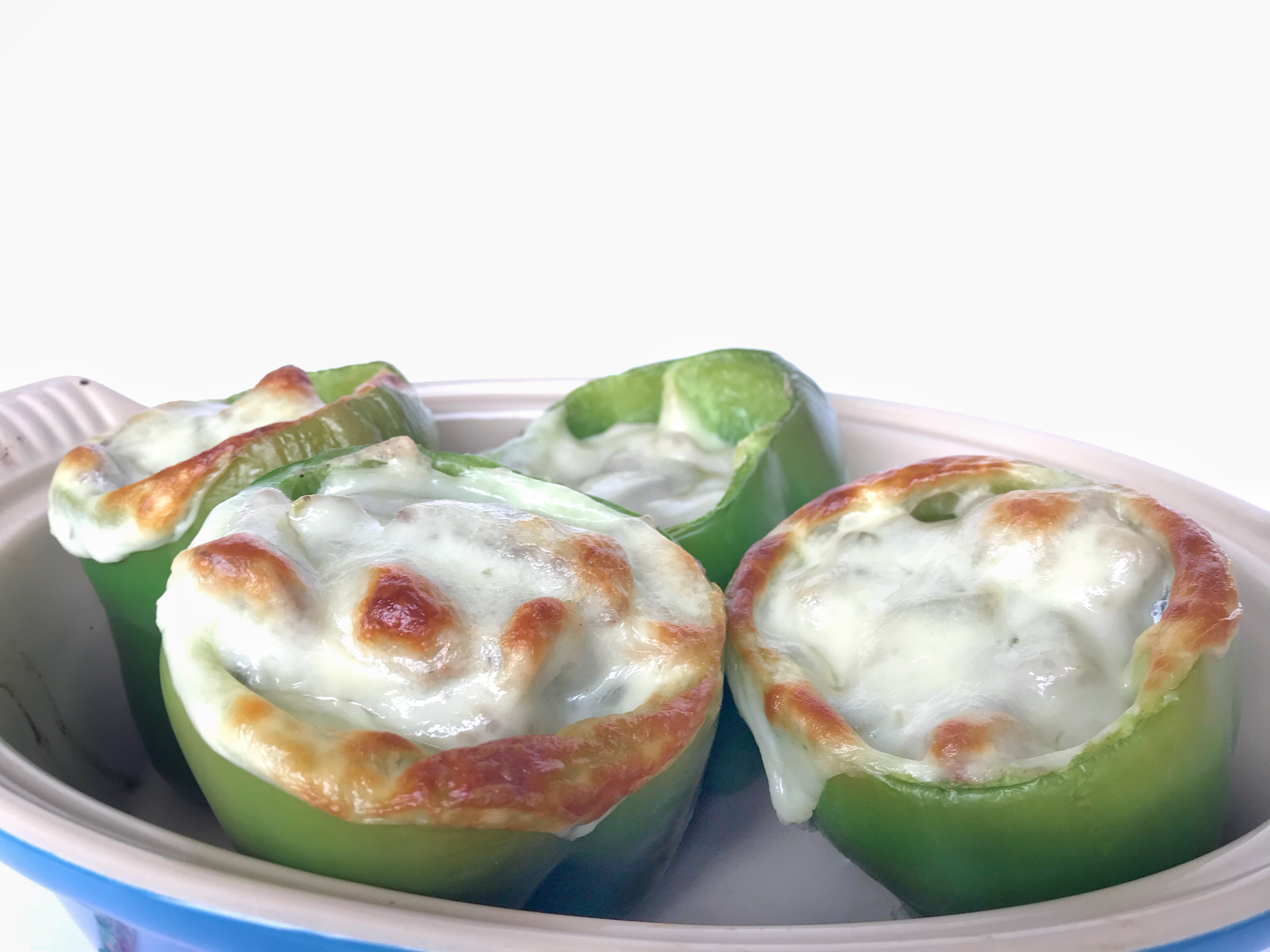 low carb philly cheesestead stuffed peppers in baking dish