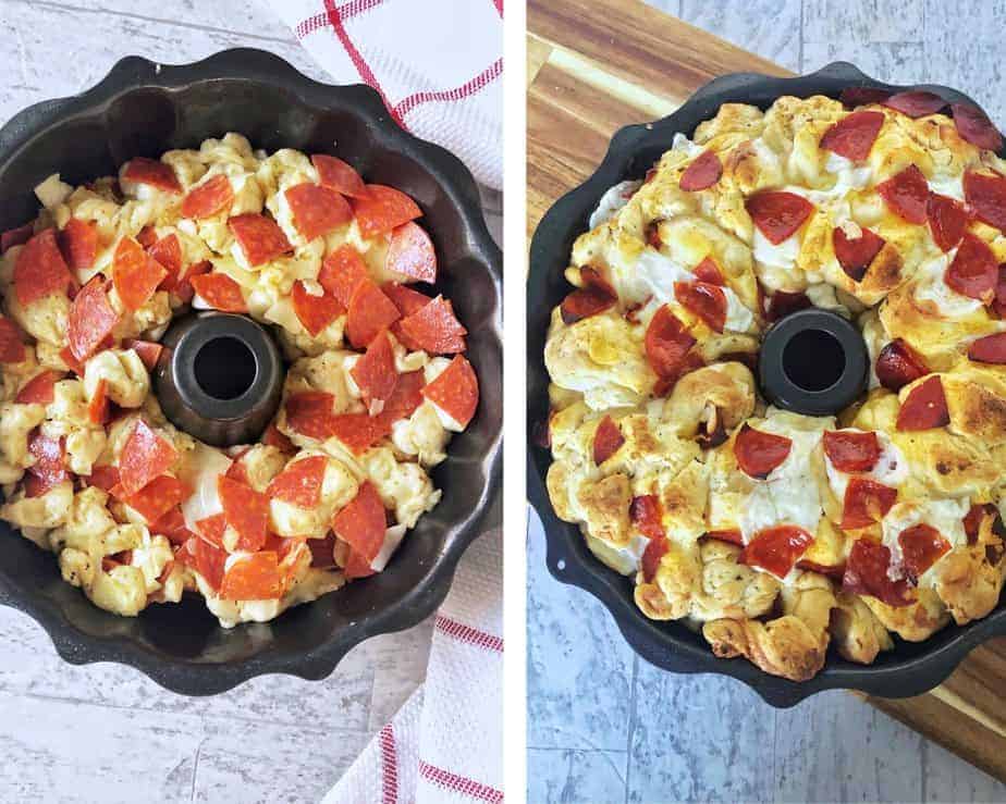 before & after baking Pizza Pull Aparts.
