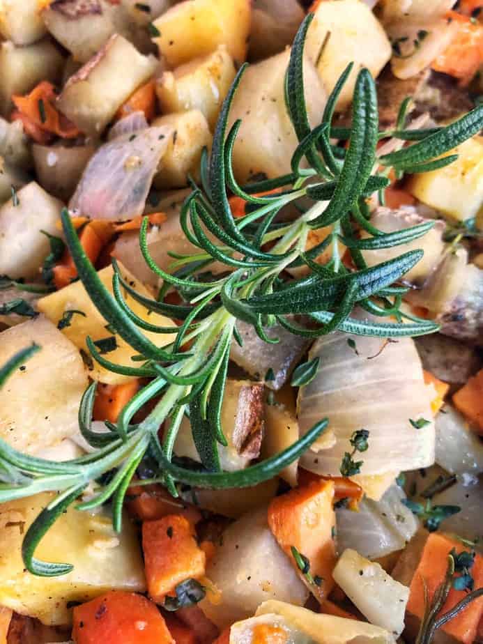 close up of roasted winter vegetables with rosemary