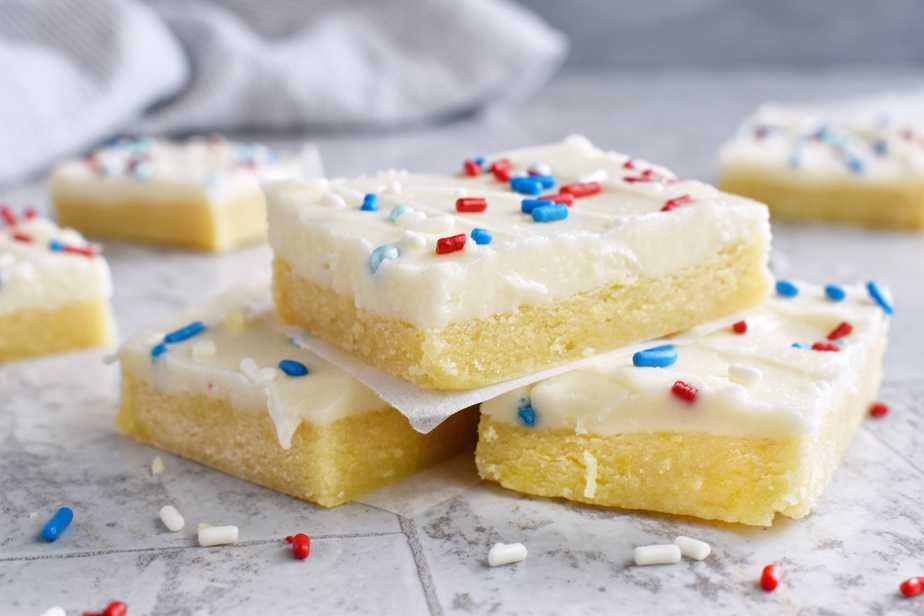 pyramid stack of three swig cookie bars with red, white, and blue sprinkles