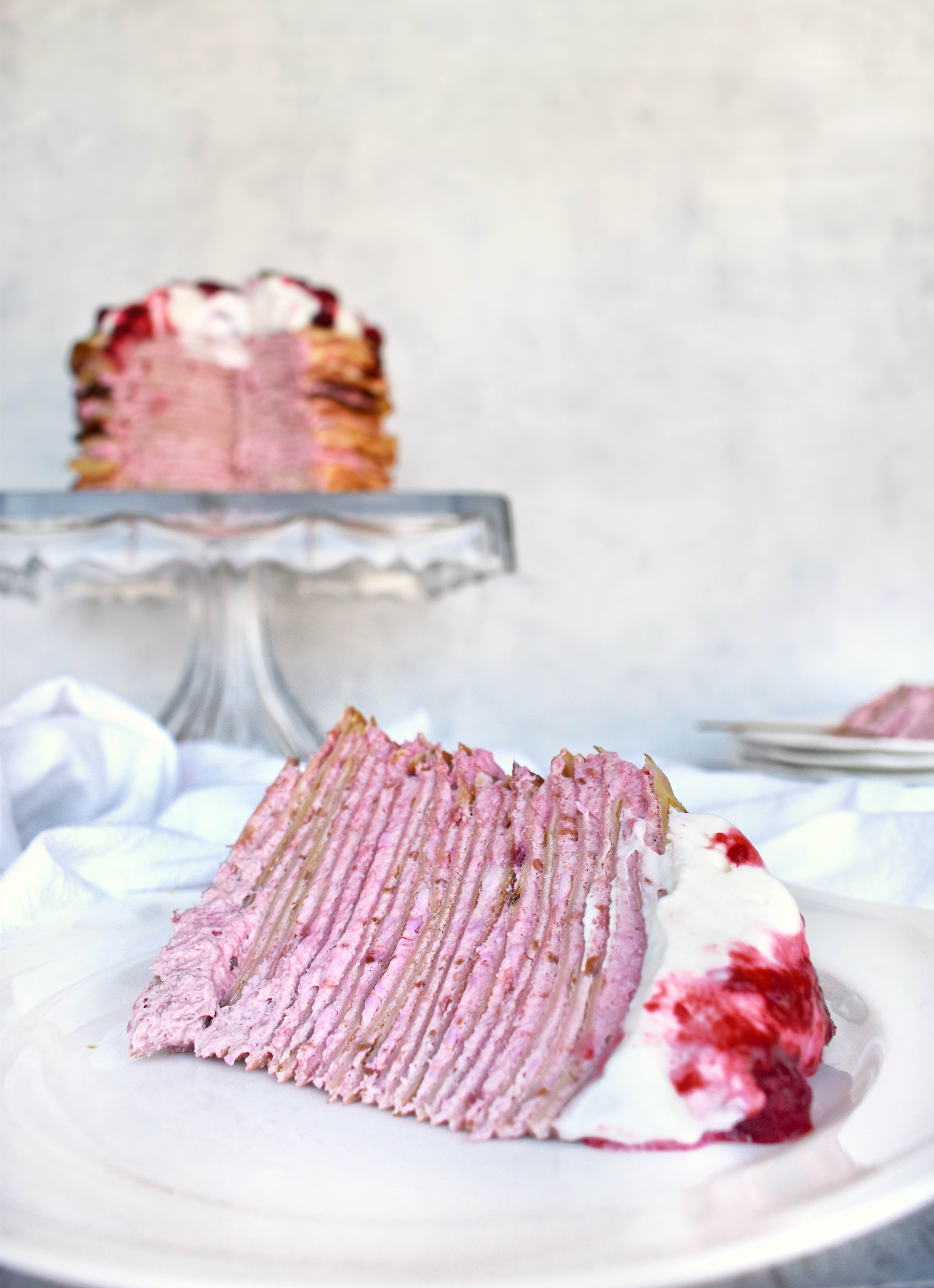 Raspberry cream crepe cake slice