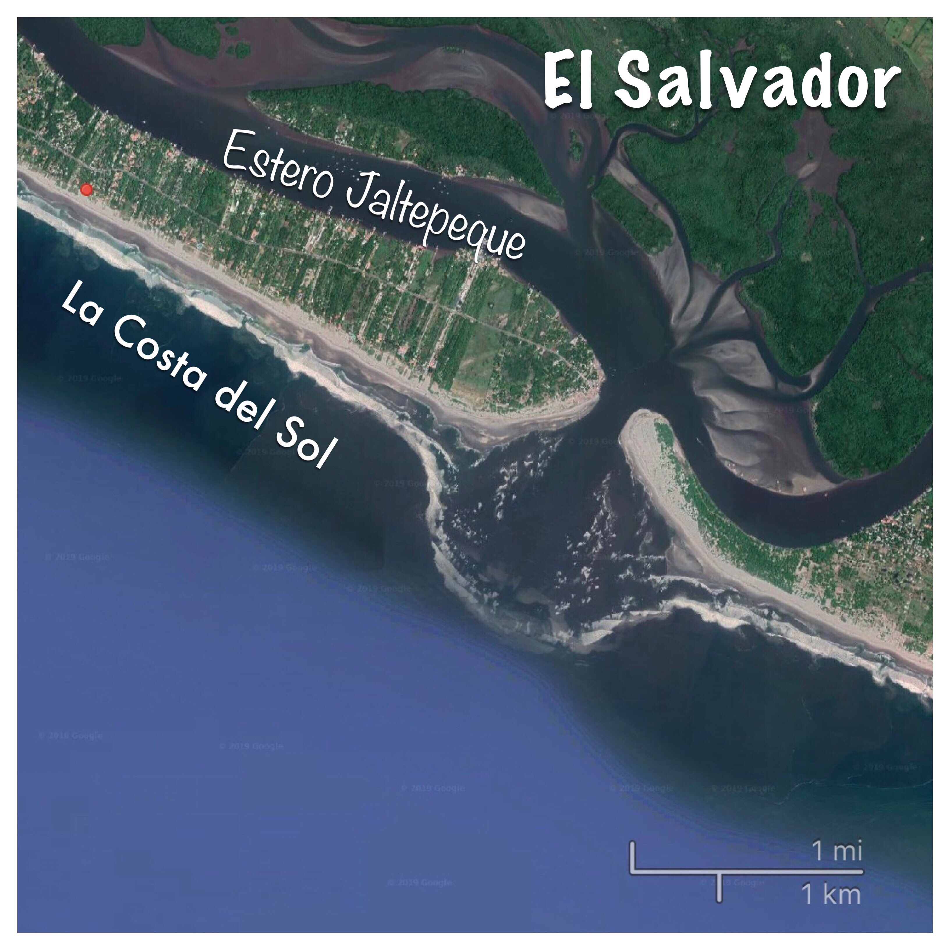 map of El Salvador's La Costa del Sol and Estero Jaltepeque