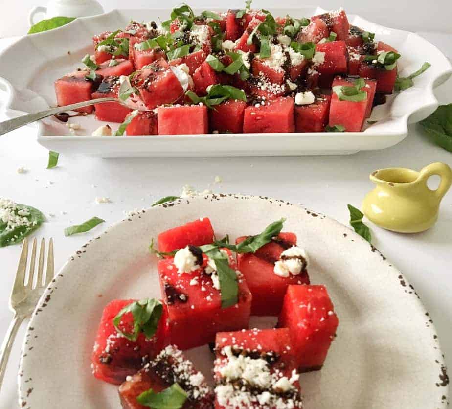 platter and salad plate with Watermelon, Basil, Feta Salad