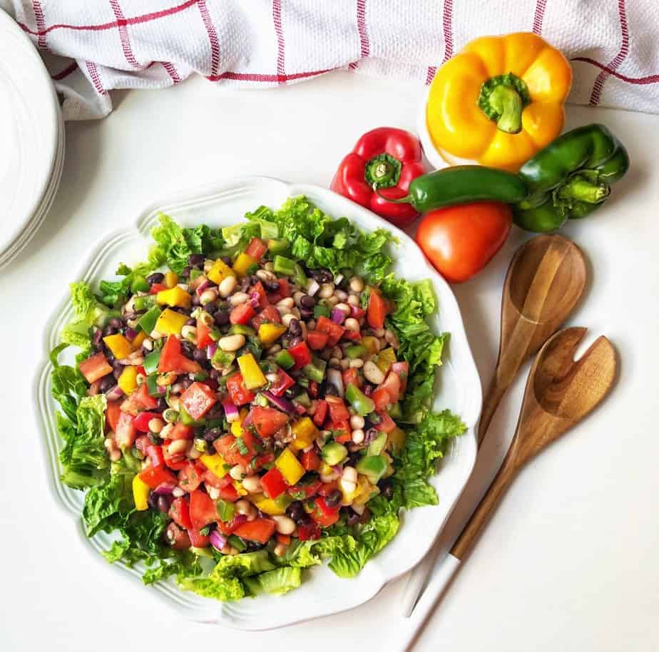 Black and White Bean Salad with red checked dish towel