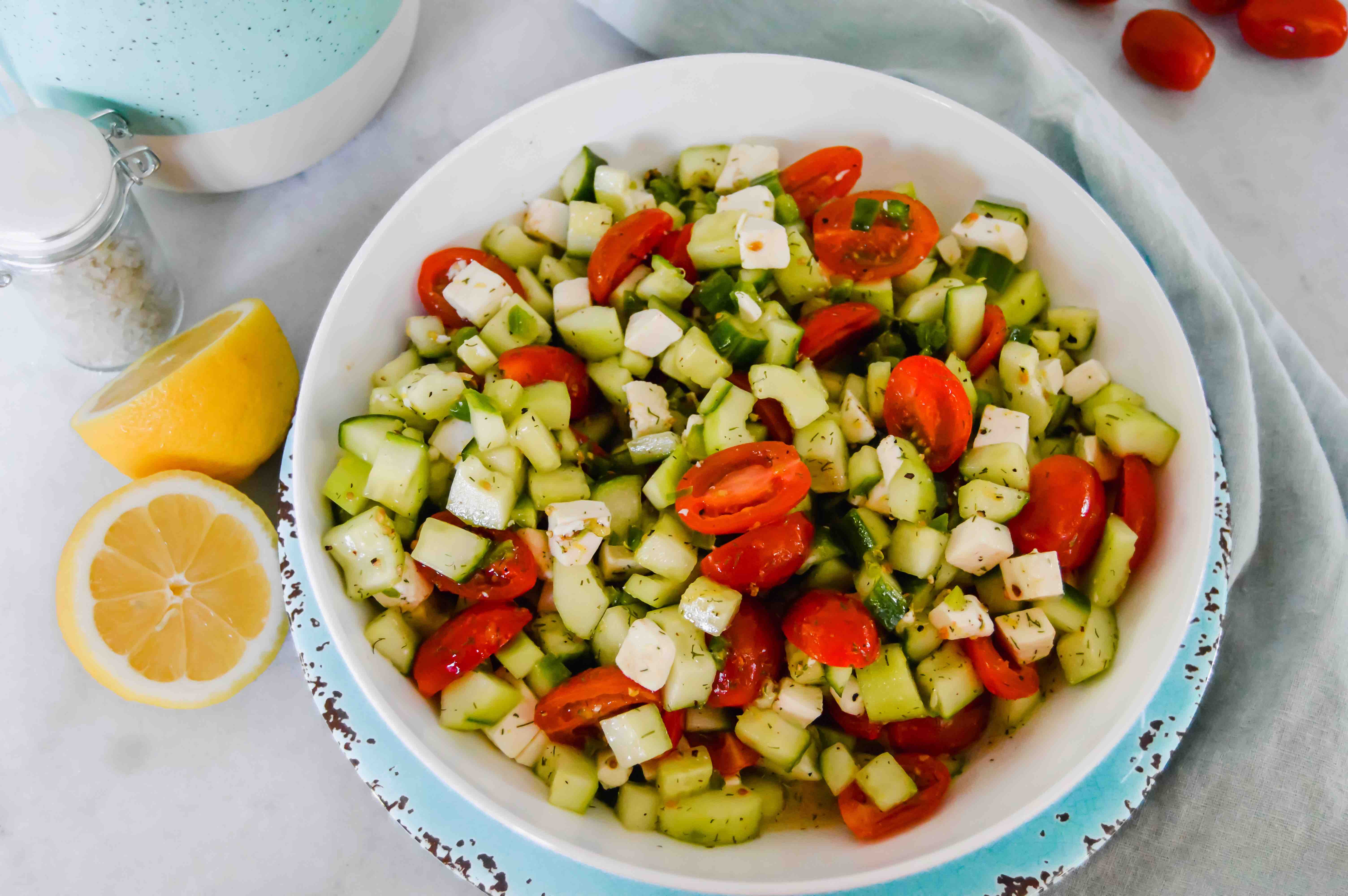 white bowl of mediterranean salad