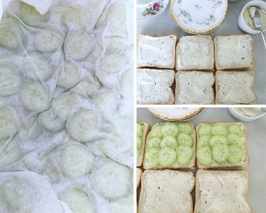 cucumber sandwich prep with spread and sliced cucumbers