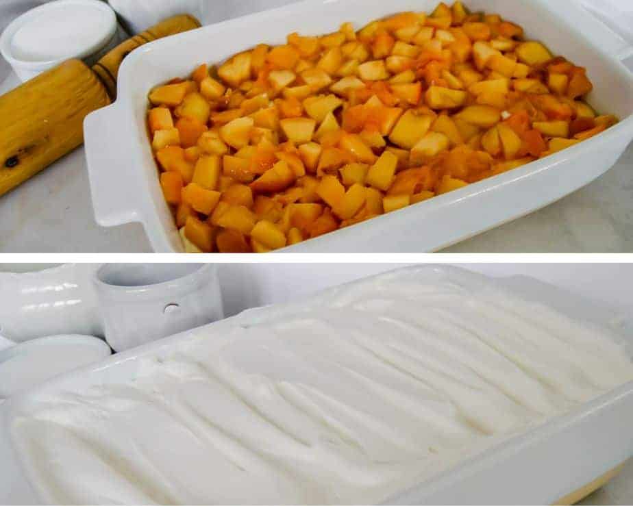 picture collage of diced peaches and creamy topping