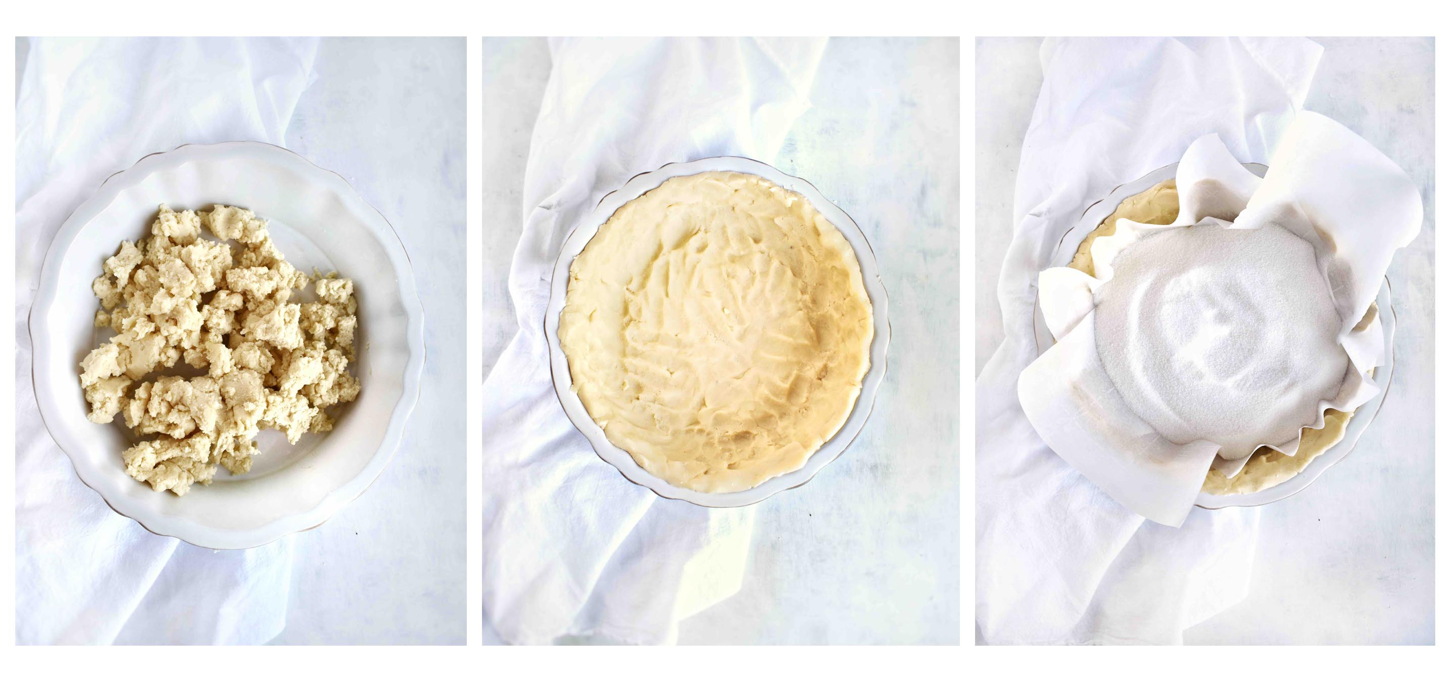 3 images, shortbread crust getting pressed into a pie dish and showing blind baking technique