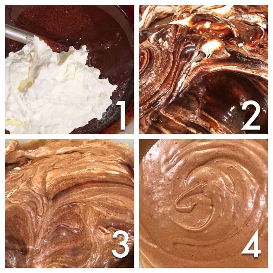 4 pics: fresh whipped cream and dark chocolate fudge are folded together in four pictures