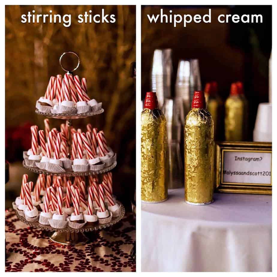 peppermint stirring sticks and gold covered whipped cream cans for hot chocolate bar