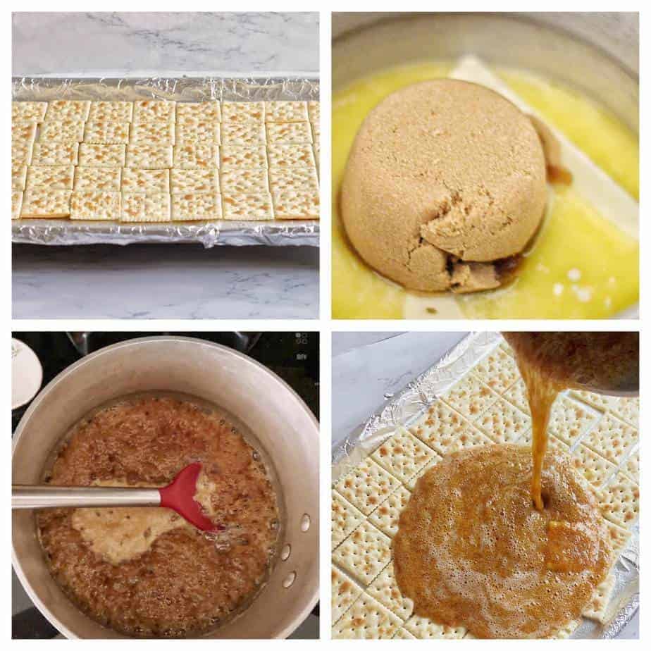 collage of steps to make soda cracker toffee