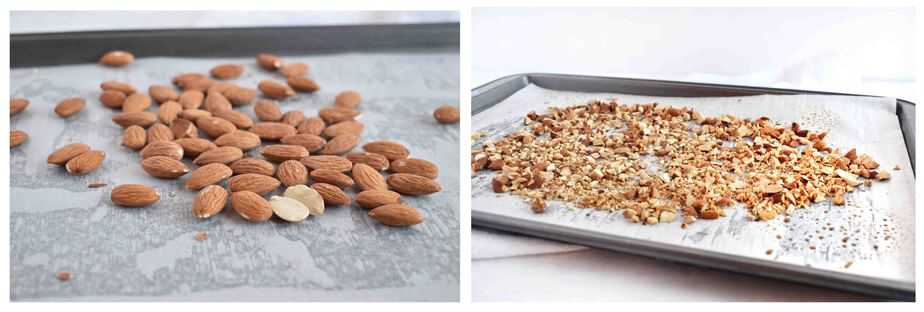 two images: whole almonds and chopped toasted almonds