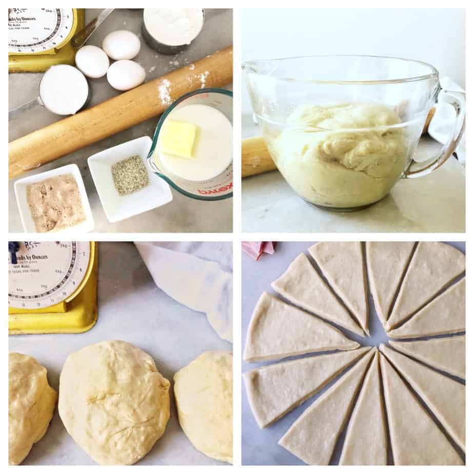 collage of dough making for ham and cheese rolls