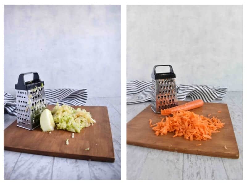 two images showing grated apples and grated carrots