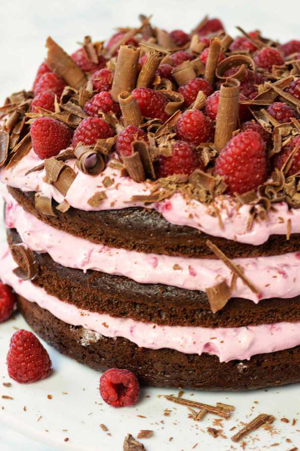 close up of Chocolate raspberry layer cake