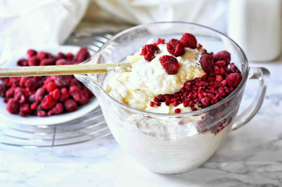 bowl of filling with frozen raspberries