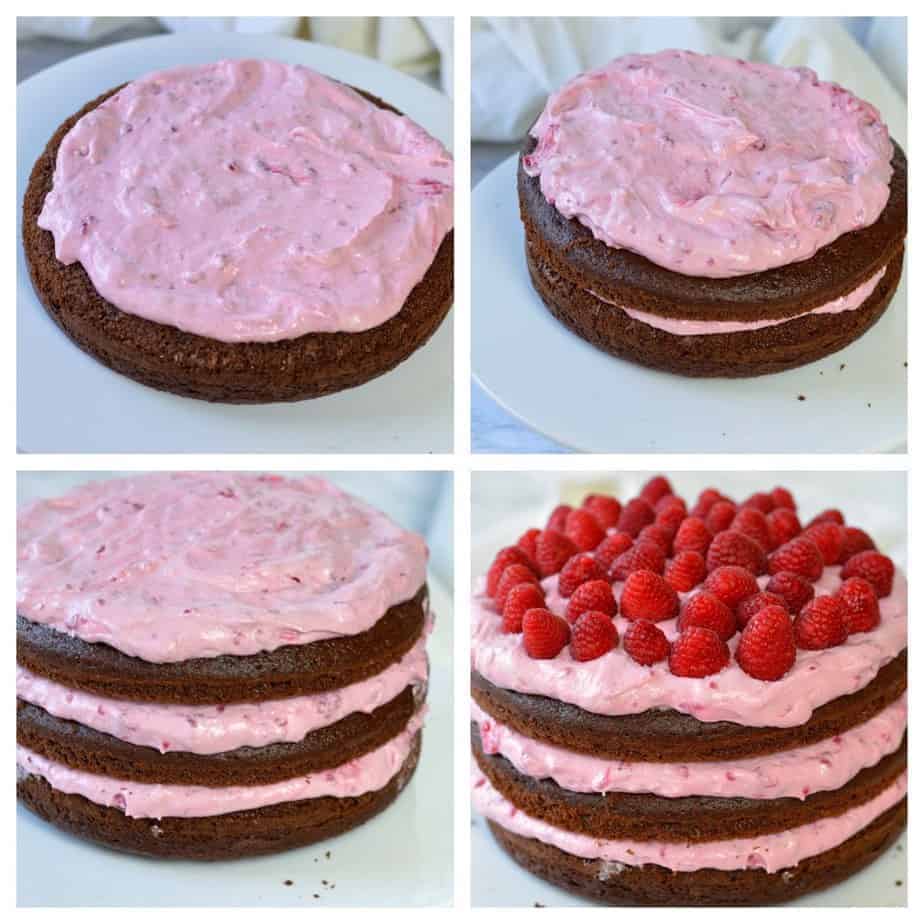 4 pictures showing how to put the filing between 3 cake layers for Chocolate raspberry layer cake