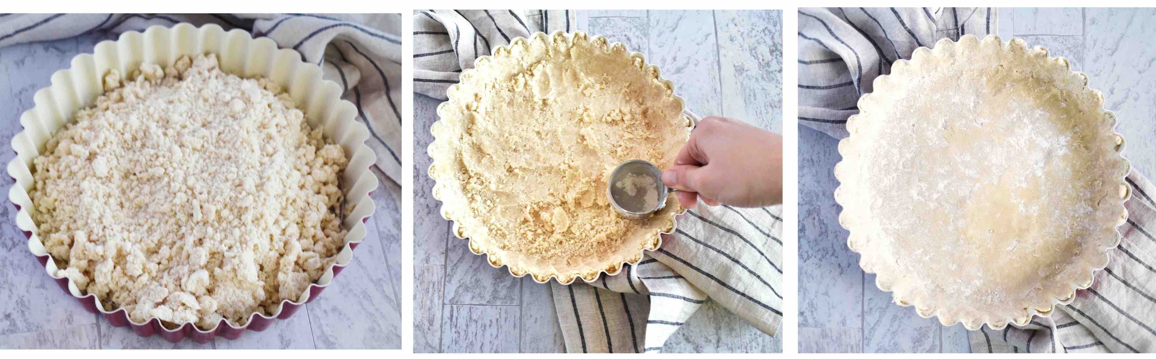 3 images showing how to press shortbread crust into pan