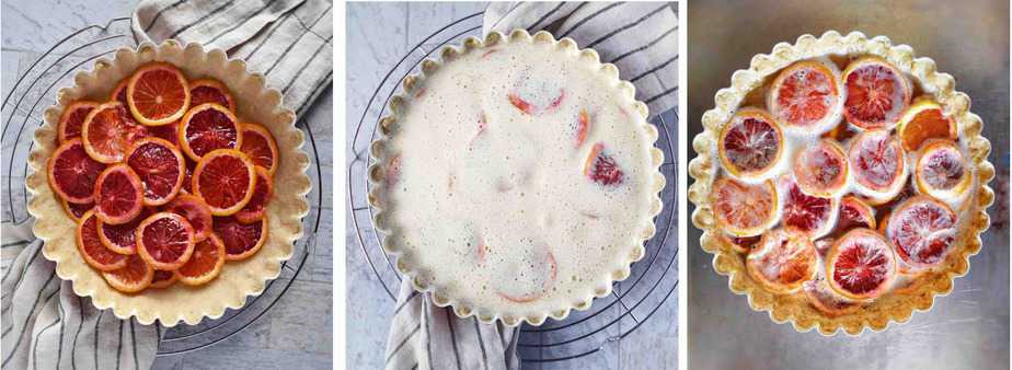 3 images showing how to fill blood orange shaker tart
