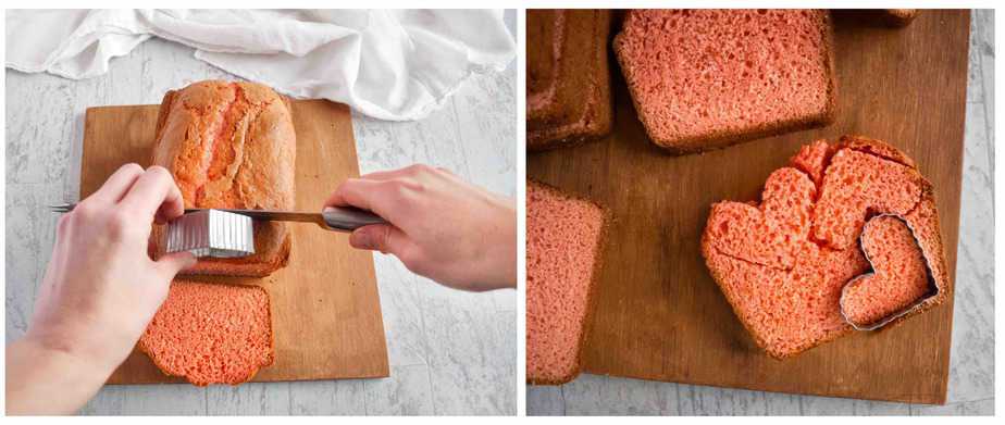 two images showing how to slice cake and cut out hearts