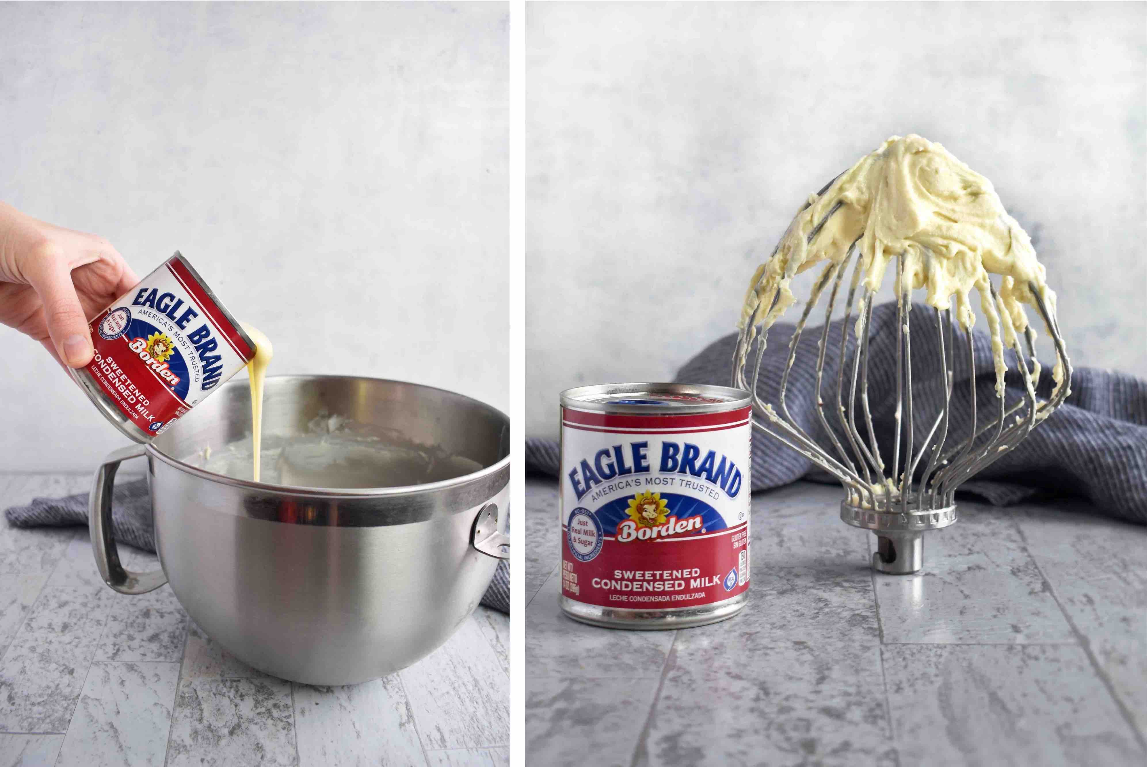 two images: 1) pouring can of condensed milk into mixer 2) russian buttercream frosting on whisk 