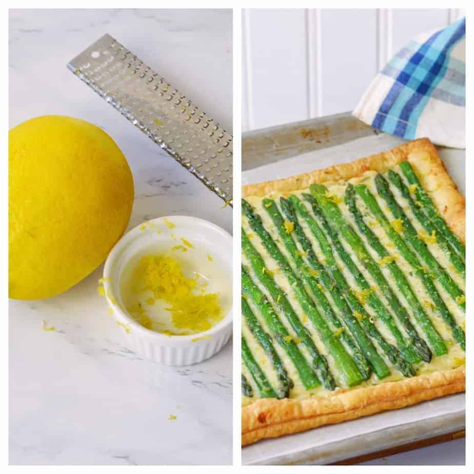 zesting a lemon and zest atop an asparagus tart