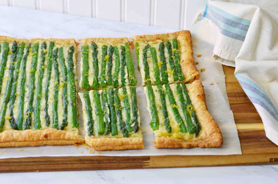 asparagus cheese tart cut into squares