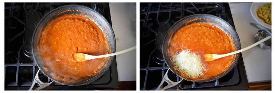two images, chicken tikka masala sauce with cheese getting added in