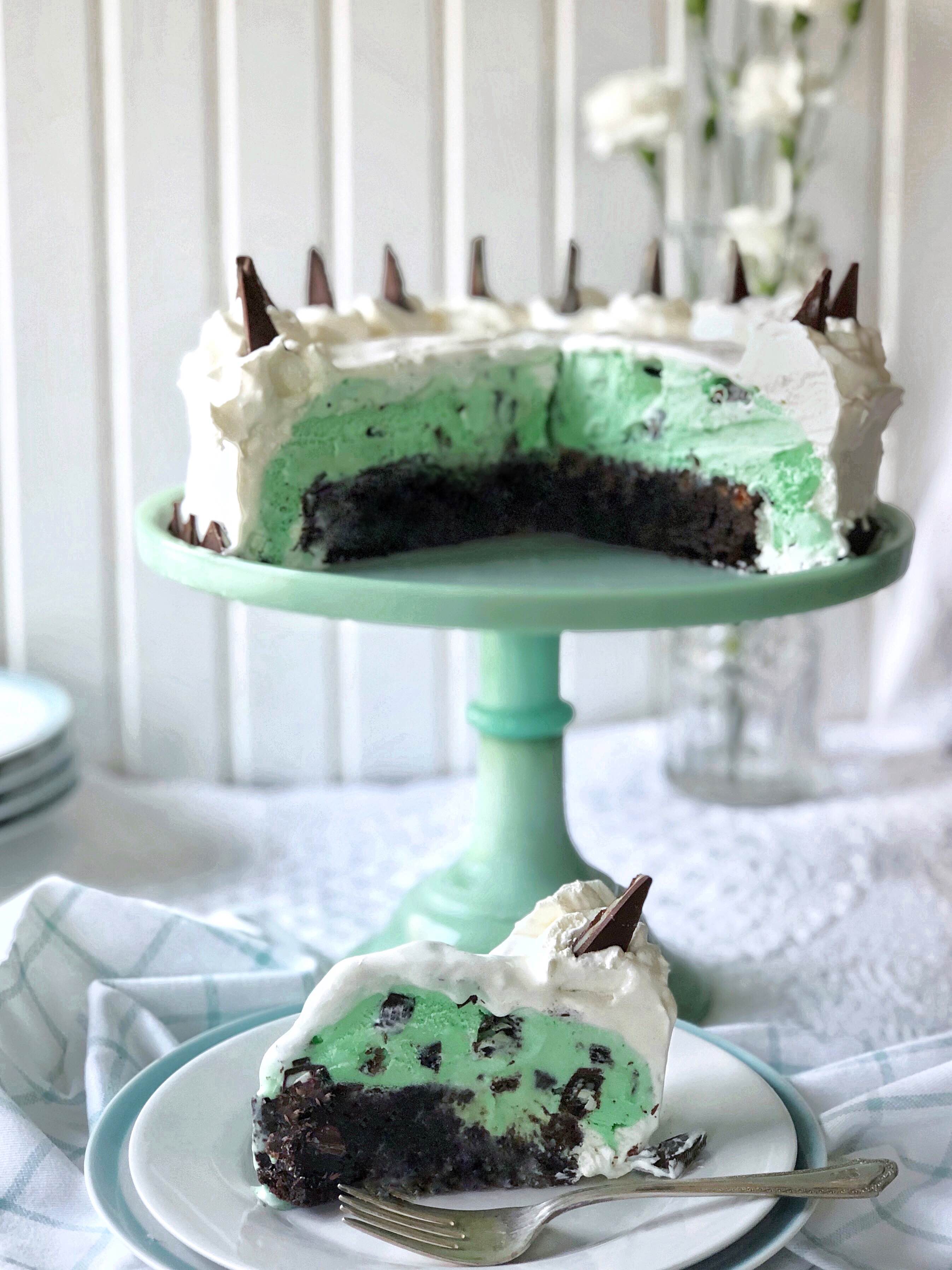 Mint Chocolate Chip Ice Cream Cake cut open with one slice on plate