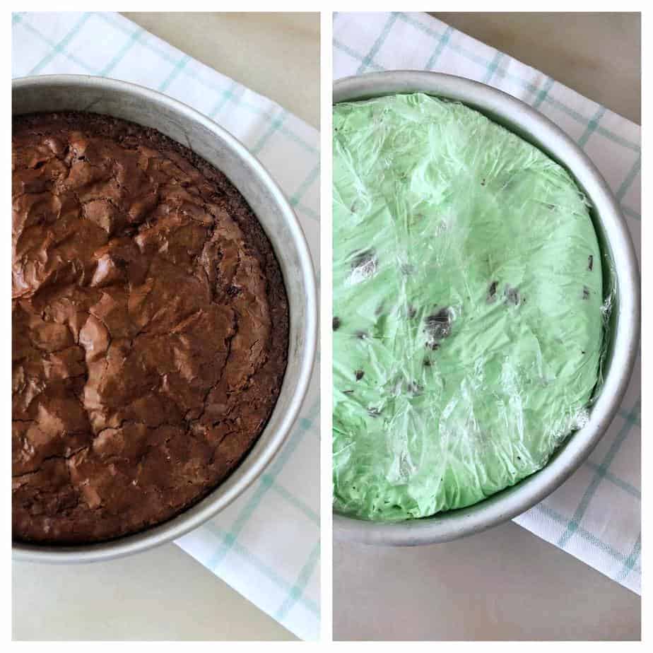 round pan with brownie, plus round pan with cake