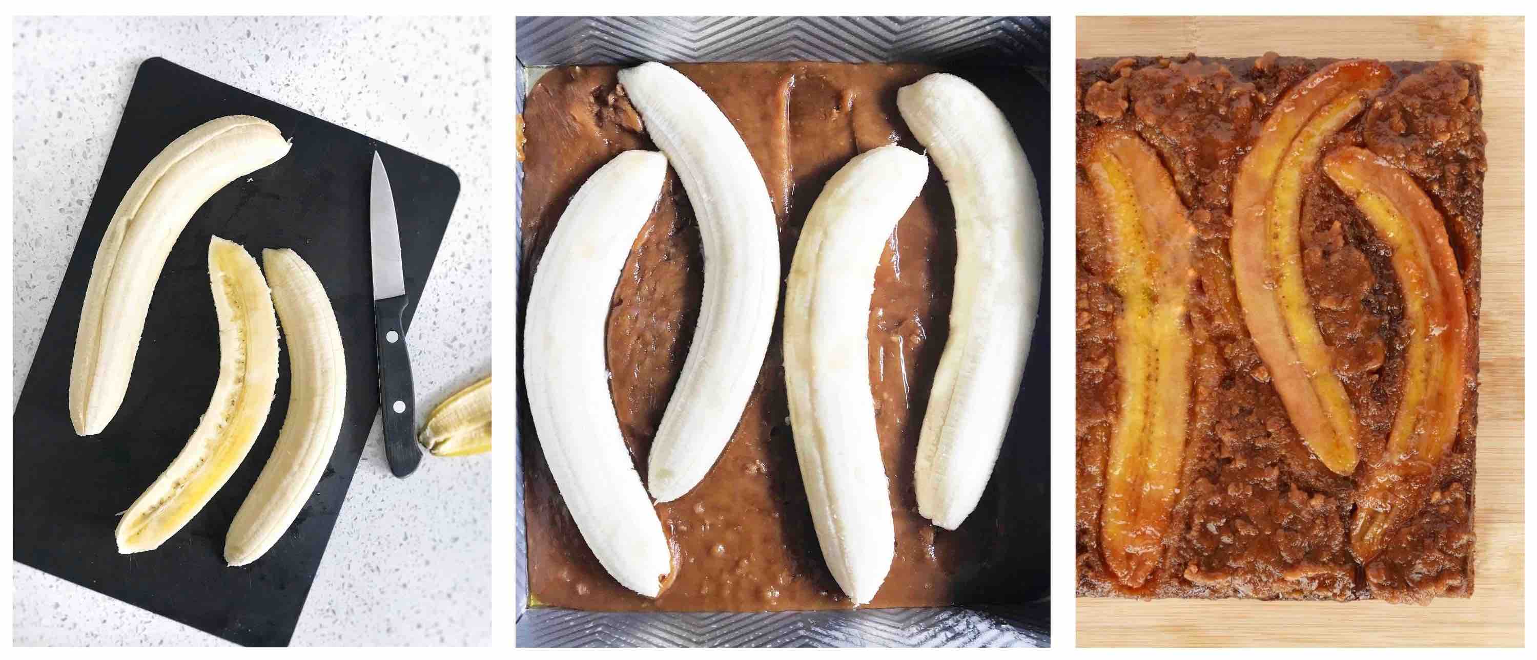 3 images, showing how to slice bananas long ways and arrange in caramel in bottom of pan