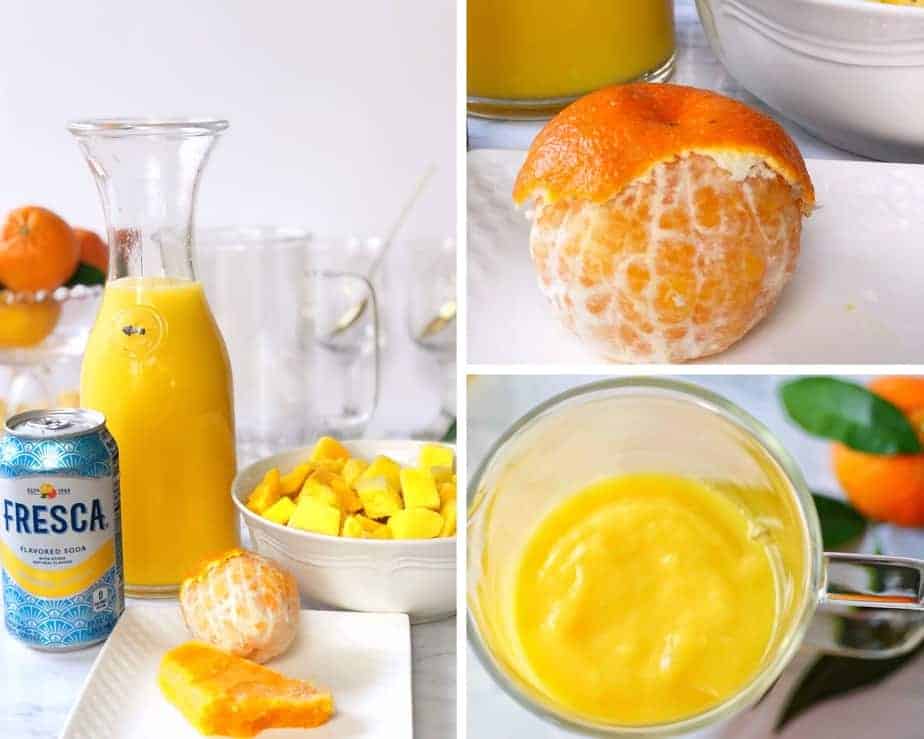 collage of orange mango freeze process pictures.