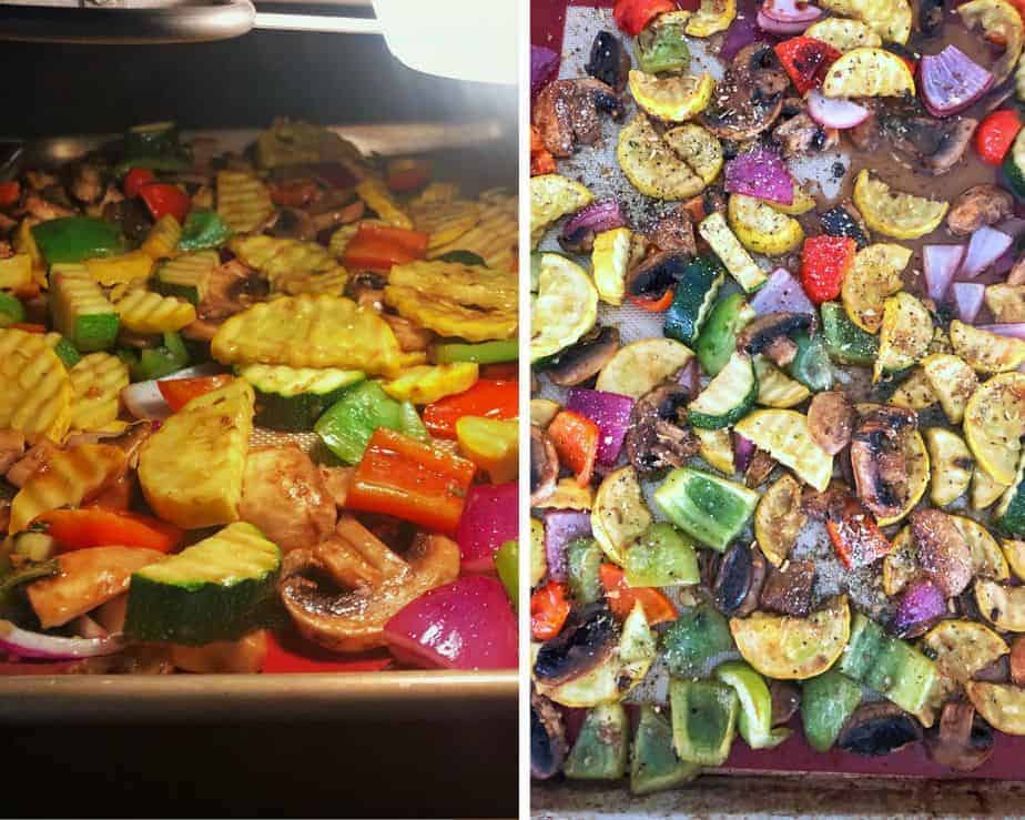 2 pictures of summer vegetables roasting with a balsamic glaze