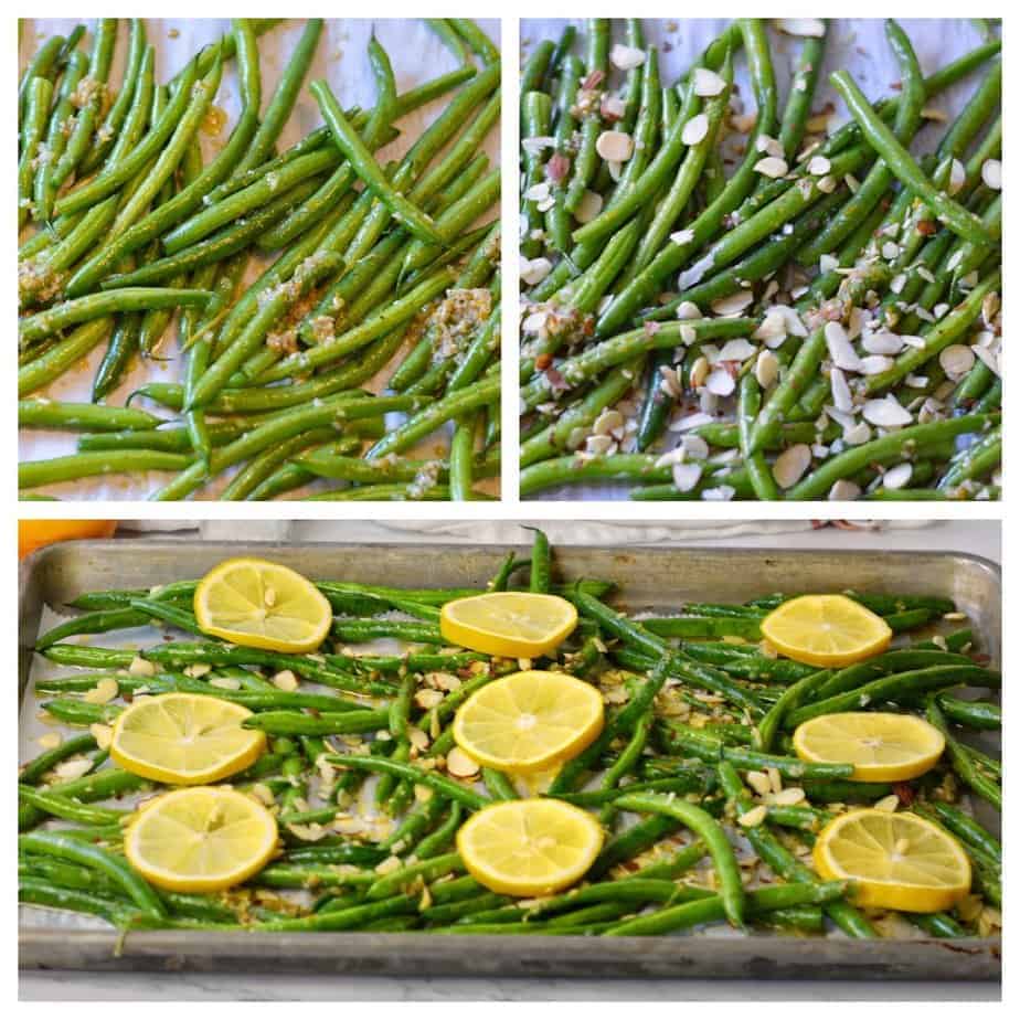 collage of prep pictures for lemon garlic green beans with almonds