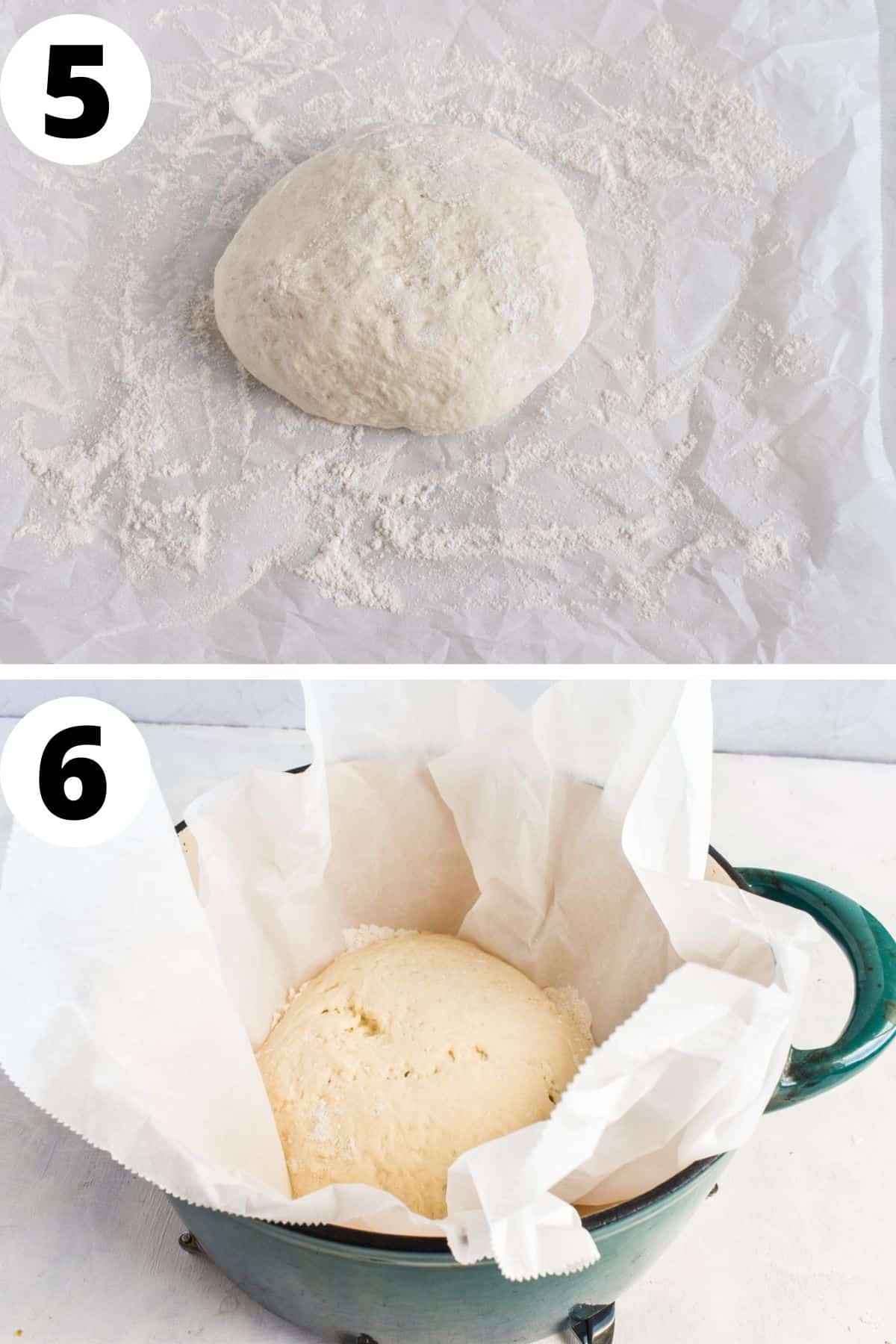 two images showing dough on floured surface and dough in dutch oven. 