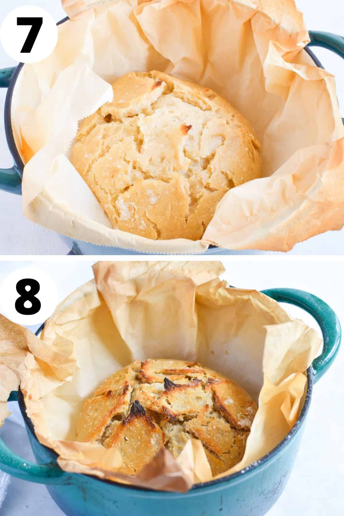 two images showing dough partially baked and fully baked. 