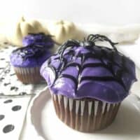 spider web cupcakes with purple frosting for Halloween