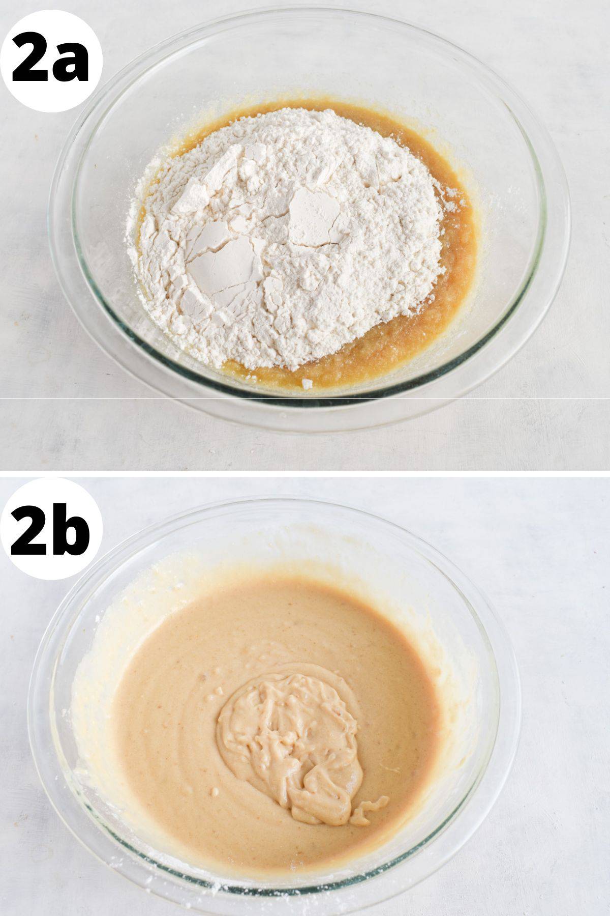 two images showing to how mix dry ingredients into muffin batter. 