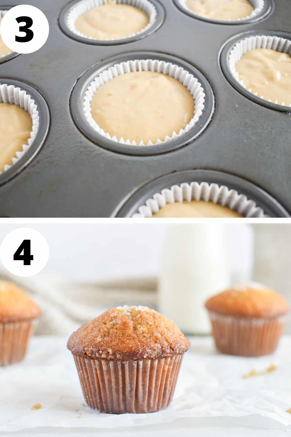two images showing how to scoop batter and bake muffins. 