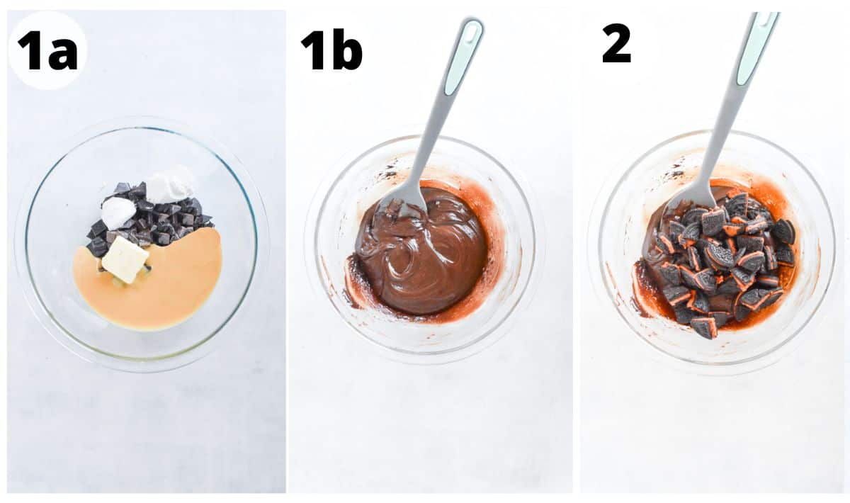 3 images showing how to make the dark chocolate fudge layer. 