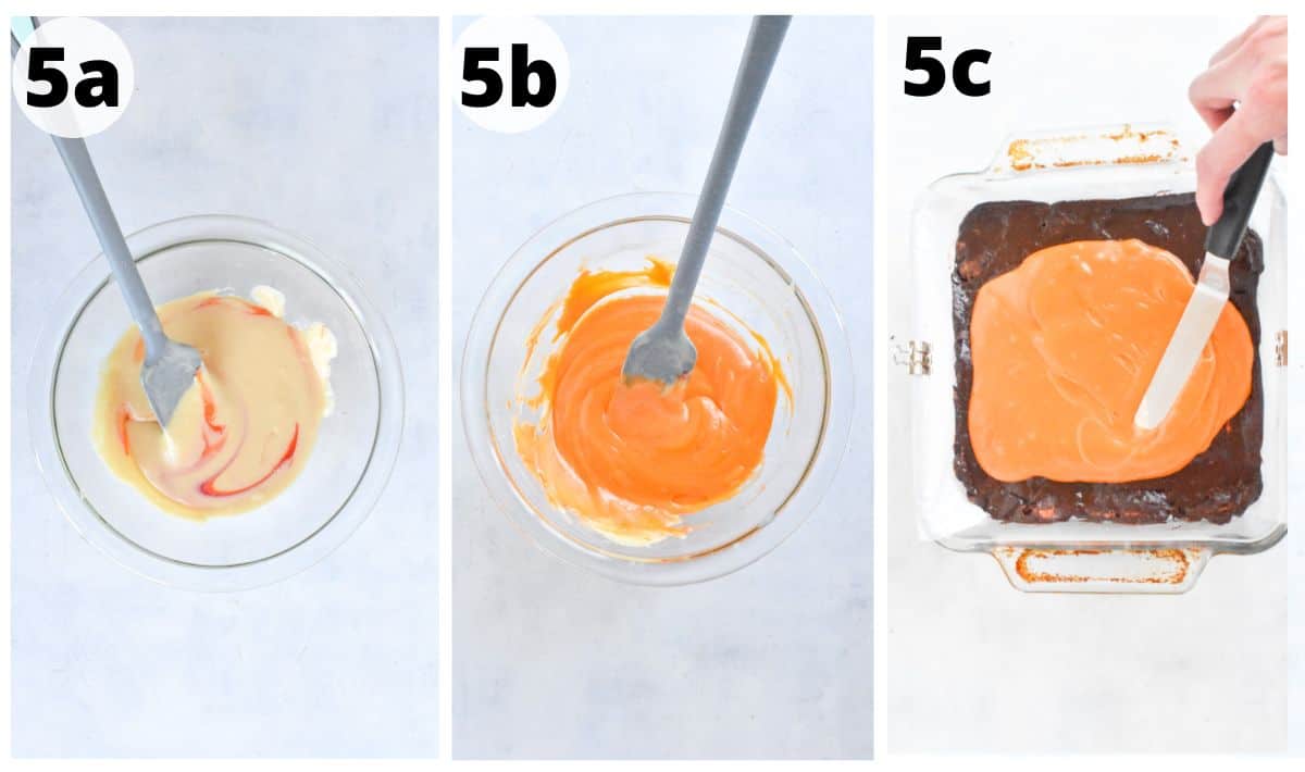 3 images showing how to add orange layer on top of fudge.