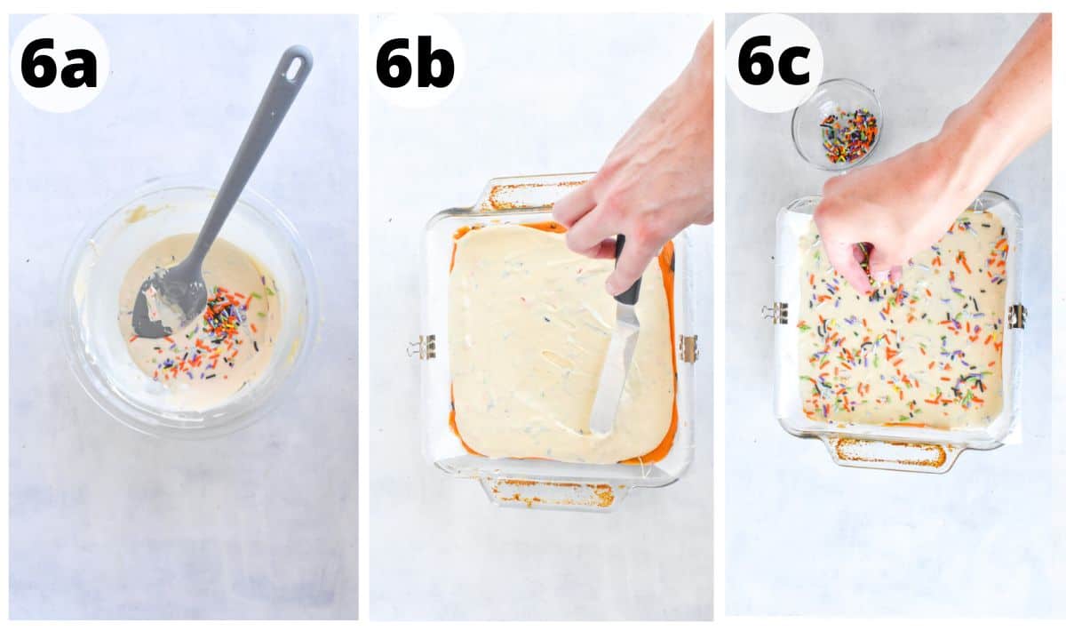 3 images showing how to mix in sprinkles to white fudge layer. 