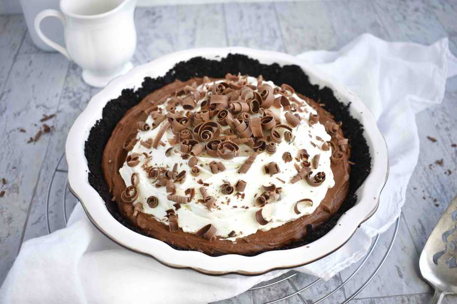 chocolate silk pie in white pie dish
